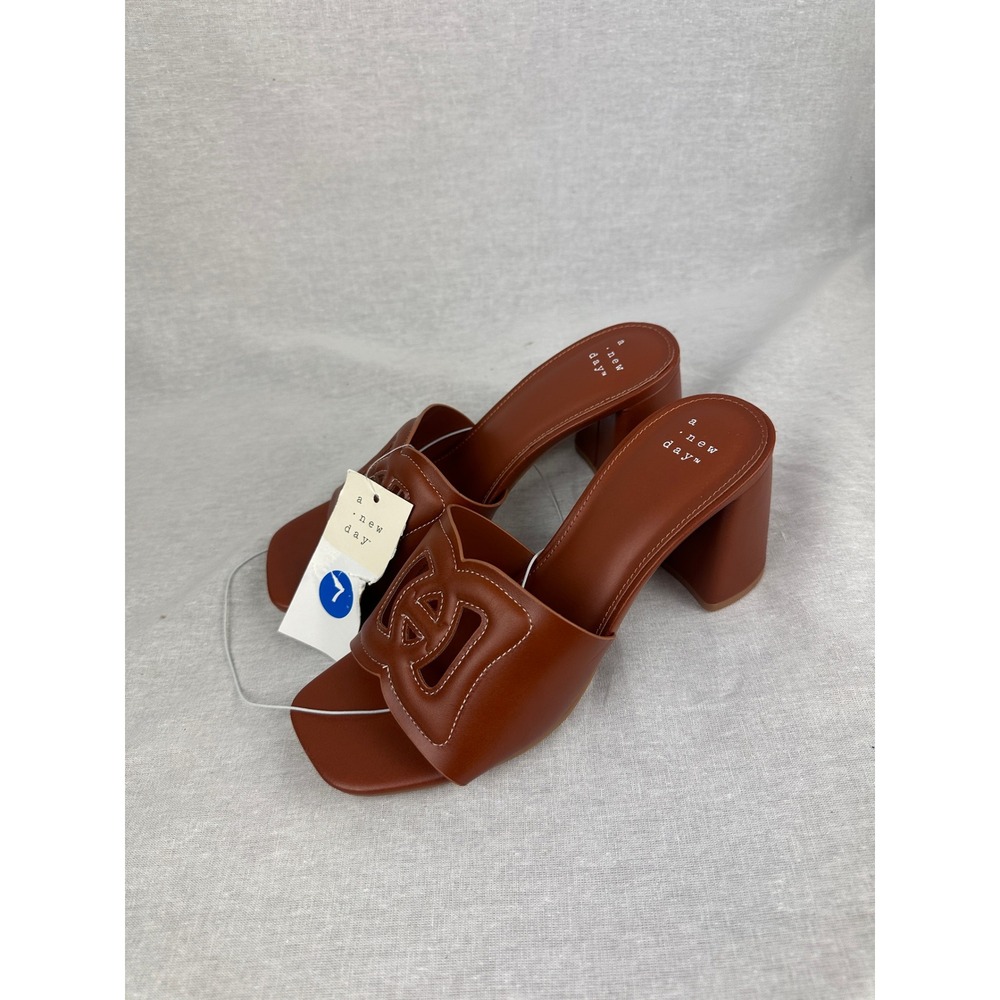 A New Day Brown Block Heel Mule Sandals Square Toe Laser Cut Slides Size 7